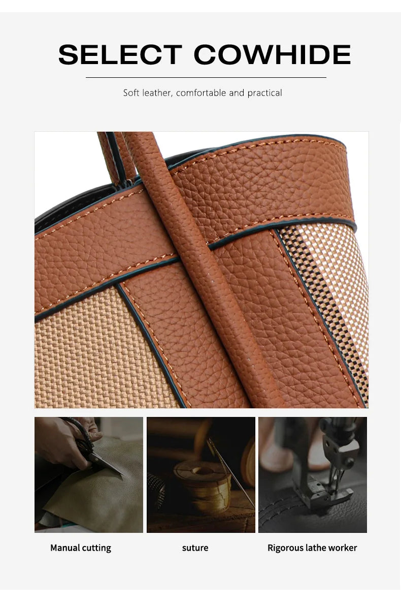 Canvas & Cowhide Leather BB Handbag – Luxury Retro Checkered Tote for Women | Large Capacity & Timeless Style
