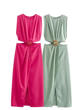 Elegant Women’s Waist Cutout Dress – O-neck, Sleeveless, Slim Fit, Split Skirt