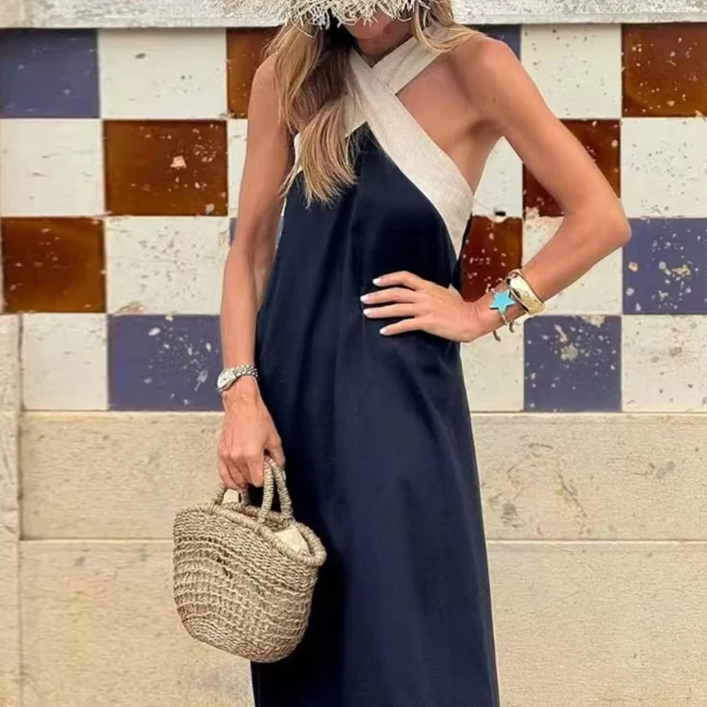 Dresses Spring Summer Casual Retro Vintage Sleeveless Halter Neck Maxi Daily Shift Dresses For Women