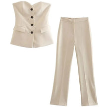 Women’s Elegant Strapless Pant Suit – Buttoned Top & Side Slit Trousers Fashion Set