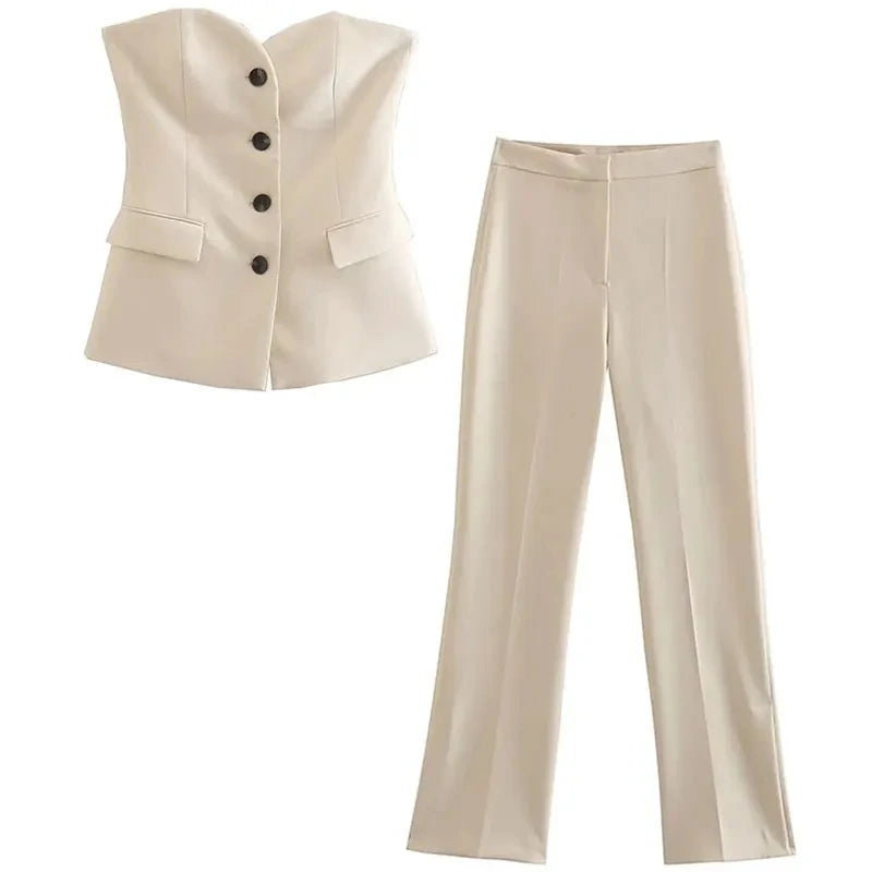 Women’s Elegant Strapless Pant Suit – Buttoned Top & Side Slit Trousers Fashion Set