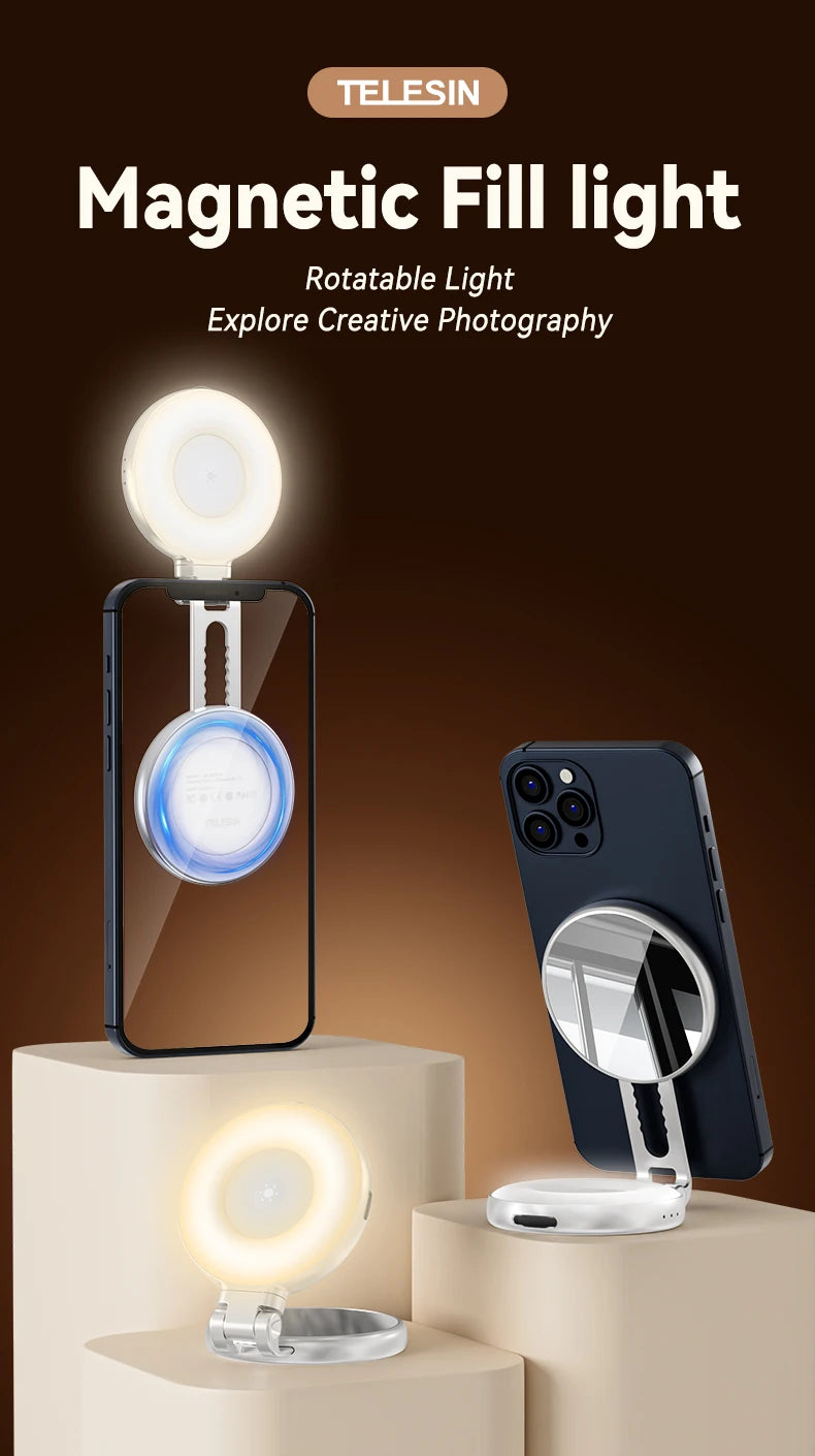 Telesin smartphone magnetische vullamp Mini selfie licht 3 modi verstelbare helderheid voor iPhone Xiaomi Huawei Samsung telefoon