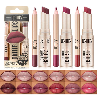 Batom Matte 2 em 1&lConjunto de Lápis Labial IP Liner com 12 Cores, Alta Pigmentação, À Prova D'Água e de Longa Duração - Maquiagem para os Lábios