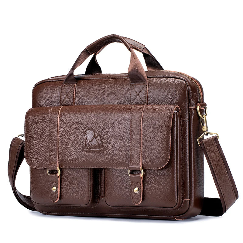 Genuine leather Unisex briefcase with double front pockets, large capacity computer bag, diagonal cross handbag  - Free Shipping to Europe