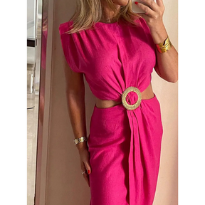 Elegant Women’s Waist Cutout Dress – O-neck, Sleeveless, Slim Fit, Split Skirt