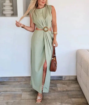 Elegant Women’s Waist Cutout Dress – O-neck, Sleeveless, Slim Fit, Split Skirt