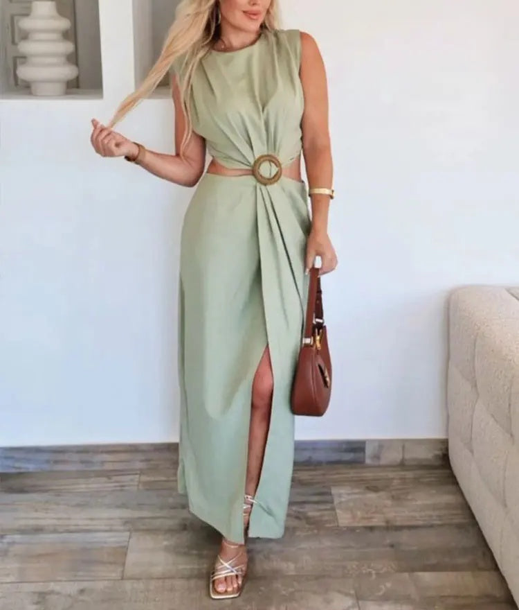 Elegant Women’s Waist Cutout Dress – O-neck, Sleeveless, Slim Fit, Split Skirt