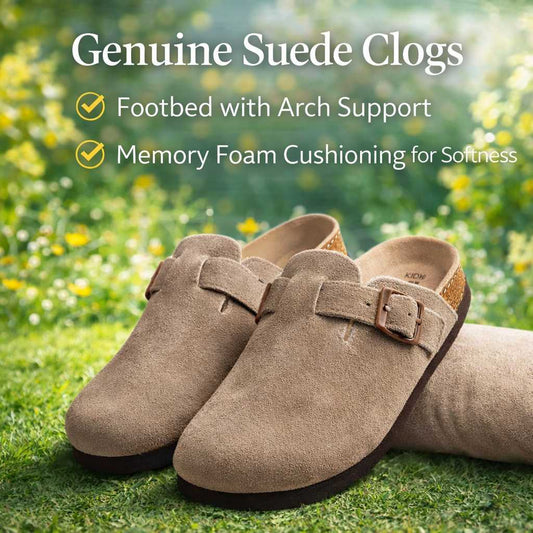 Genuine Suede Clogs – Unisex Comfort with Arch Support & Cork Footbed