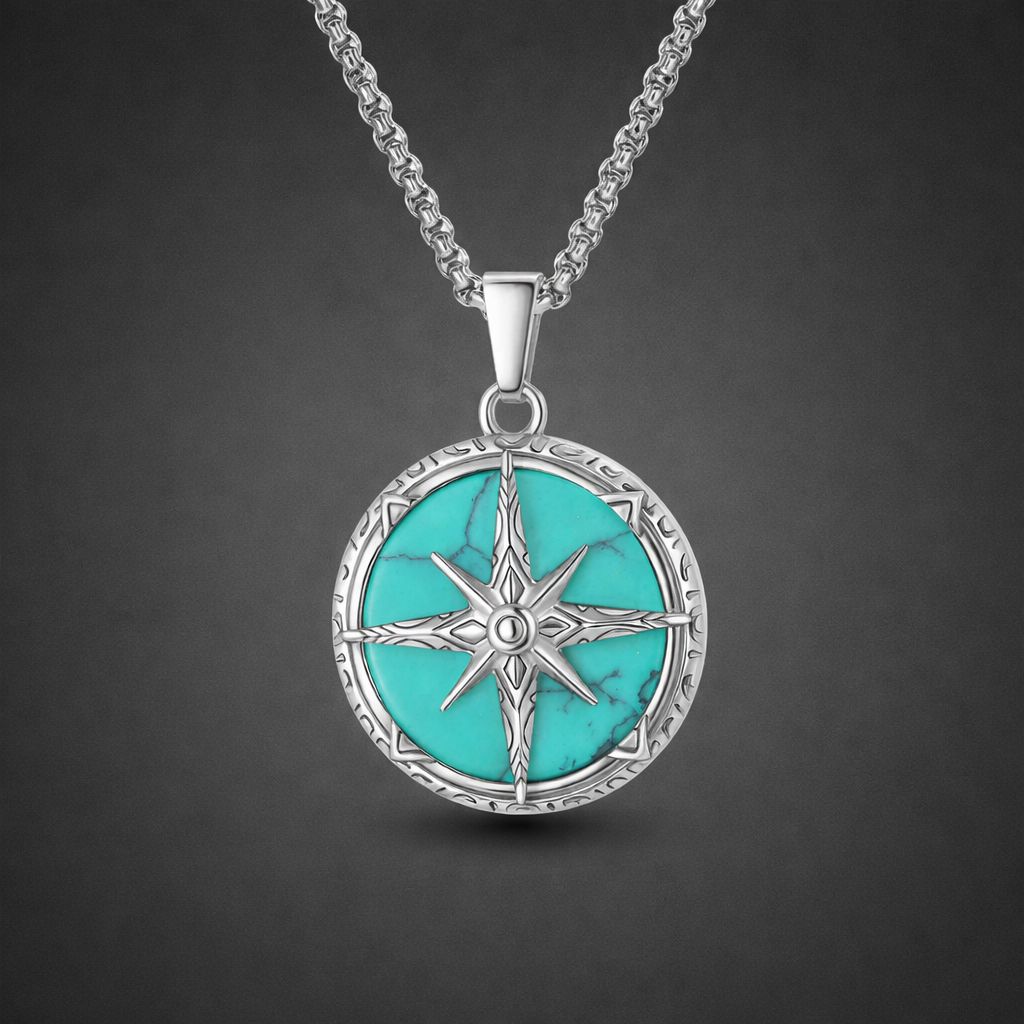 Collana con pendente turchese a otto stelle in acciaio inossidabile ‌, ipoallergenico