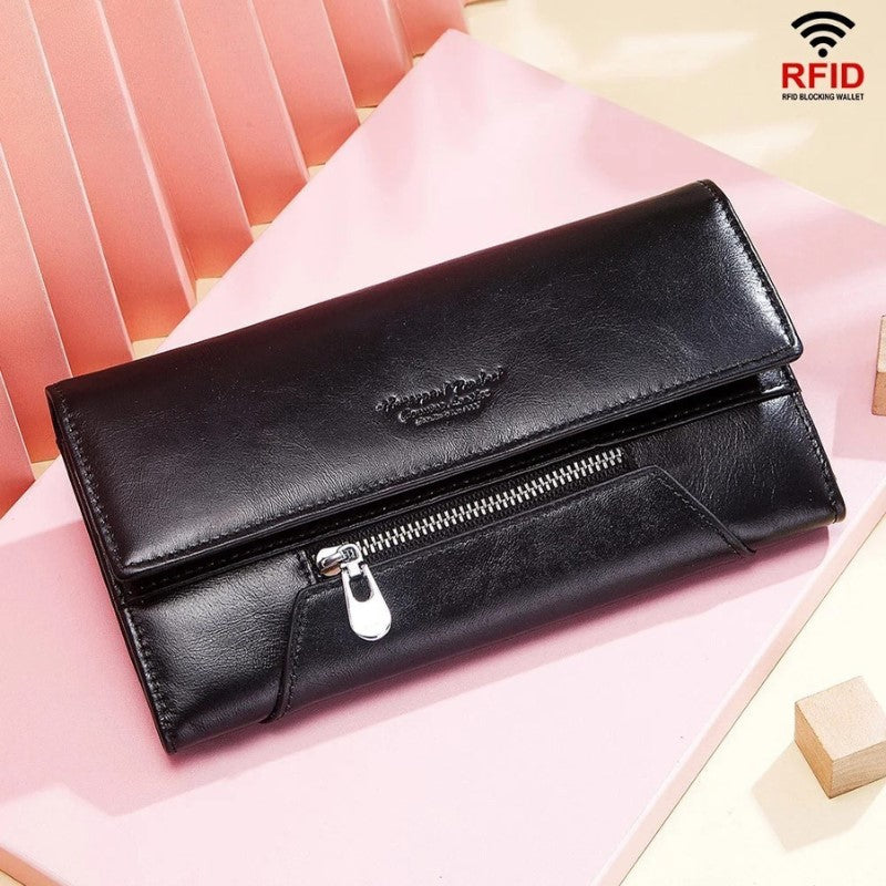 MIAMI DESIGN HUMER™ Women’s RFID Genuine Cowhide Leather Wallet – Anti-Theft & Anti-Pickpocket Long Clutch