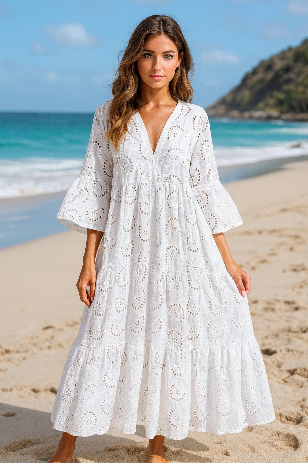 XXS-3XL Loose Fit Hollow Out Kjole til Kvinder Sommer Elegant Vintage Solid Broderi Casual V-hals Flare Sleeve Maxikjoler