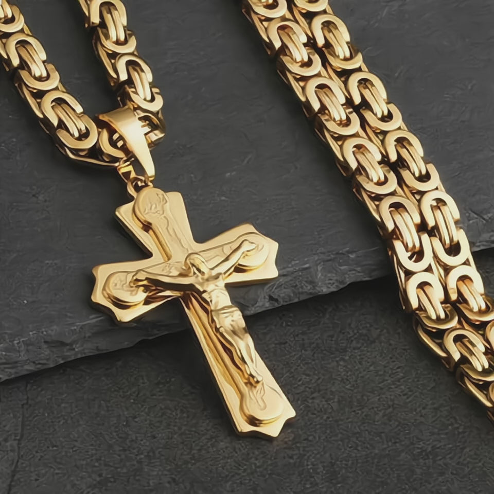Jesus Cross Necklace  Stainless Steel Crucifix Pendant with Byzantine Chain