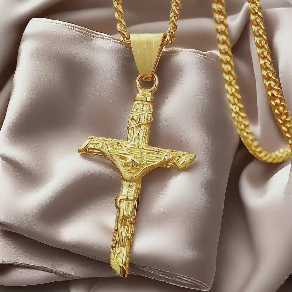 Gold Cross Necklace – Unisex Stainless Steel Jesus Pendant, Catholic Faith Jewelry