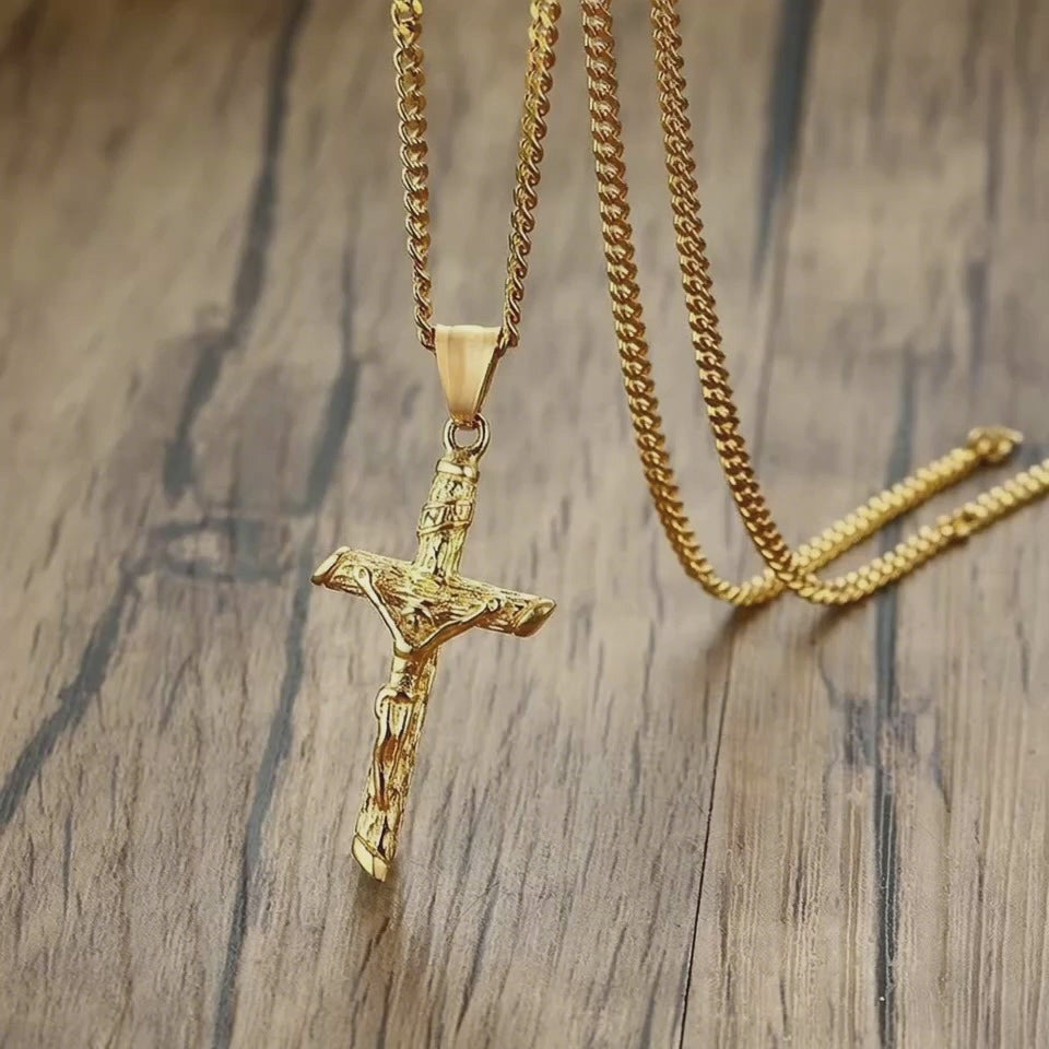 Gold Cross Necklace – Unisex Stainless Steel Jesus Pendant, Catholic Faith Jewelry