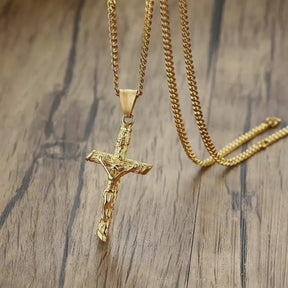 Collana a croce d'oro - Acciaio inossidabile unisex Gesù ciondolo, gioielli di fede cattolica